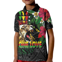 Hawaiian One Love Kid Polo Shirt Reggae Lion Tropical Plants and Kakau with Tribal Pattern LT03 Kid Black - Polynesian Pride