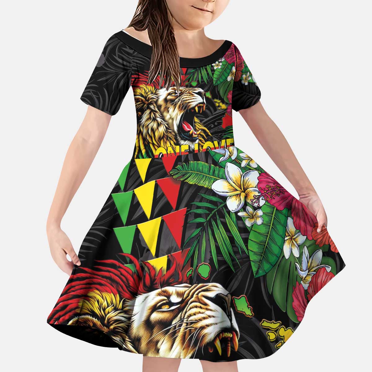Hawaiian One Love Kid Short Sleeve Dress Reggae Lion Tropical Plants and Kakau with Tribal Pattern LT03 KID Black - Polynesian Pride