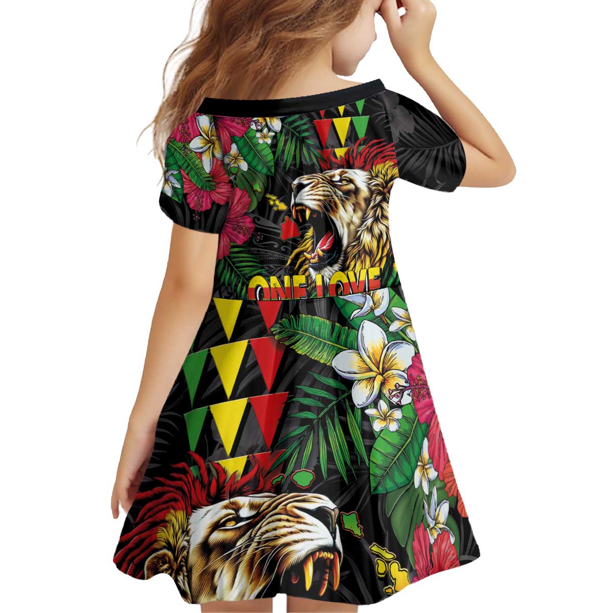 Hawaiian One Love Kid Short Sleeve Dress Reggae Lion Tropical Plants and Kakau with Tribal Pattern LT03 - Polynesian Pride