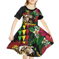 Hawaiian One Love Kid Short Sleeve Dress Reggae Lion Tropical Plants and Kakau with Tribal Pattern LT03 - Polynesian Pride