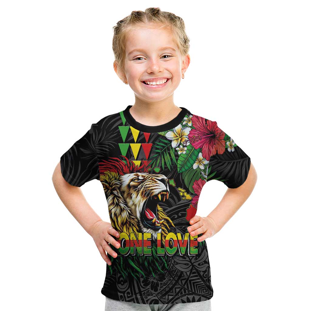 Hawaiian One Love Kid T Shirt Reggae Lion Tropical Plants and Kakau with Tribal Pattern LT03 Black - Polynesian Pride