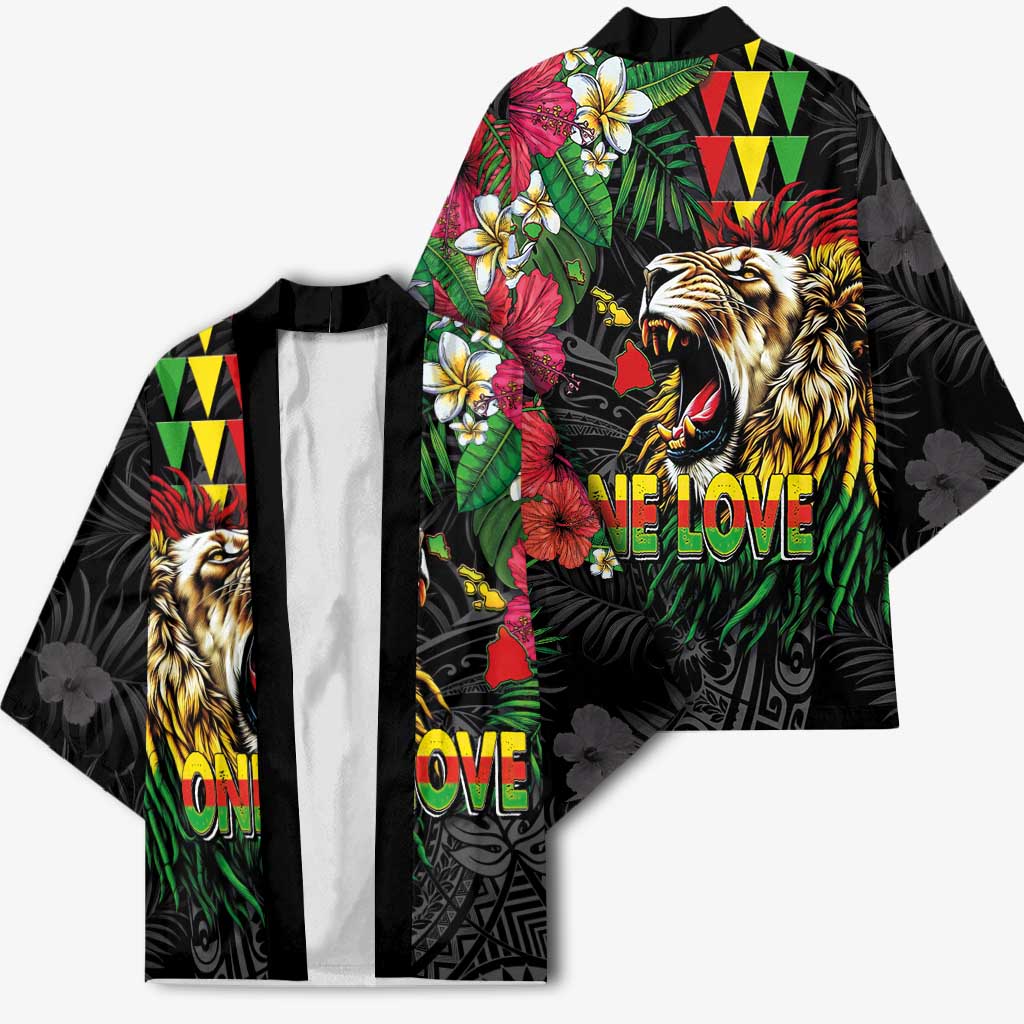 Hawaiian One Love Kimono Reggae Lion Tropical Plants and Kakau with Tribal Pattern