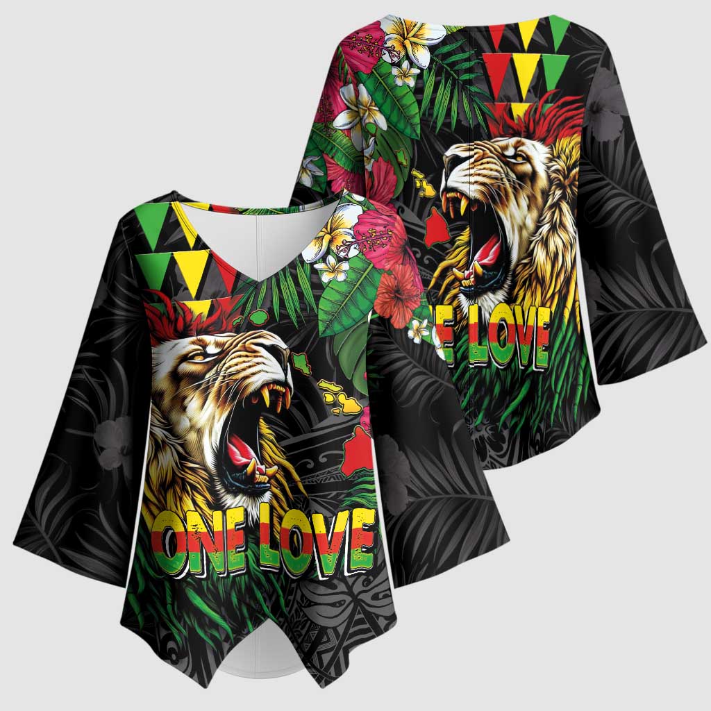 Hawaiian One Love Kimono Sleeve Blouse Reggae Lion Tropical Plants and Kakau with Tribal Pattern