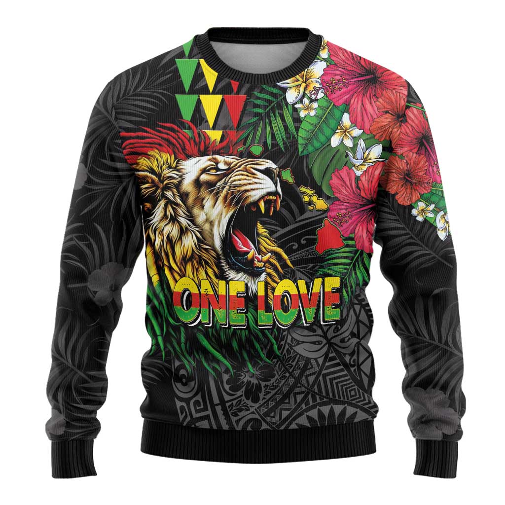 Hawaiian One Love Ugly Christmas Sweater Reggae Lion Tropical Plants and Kakau with Tribal Pattern