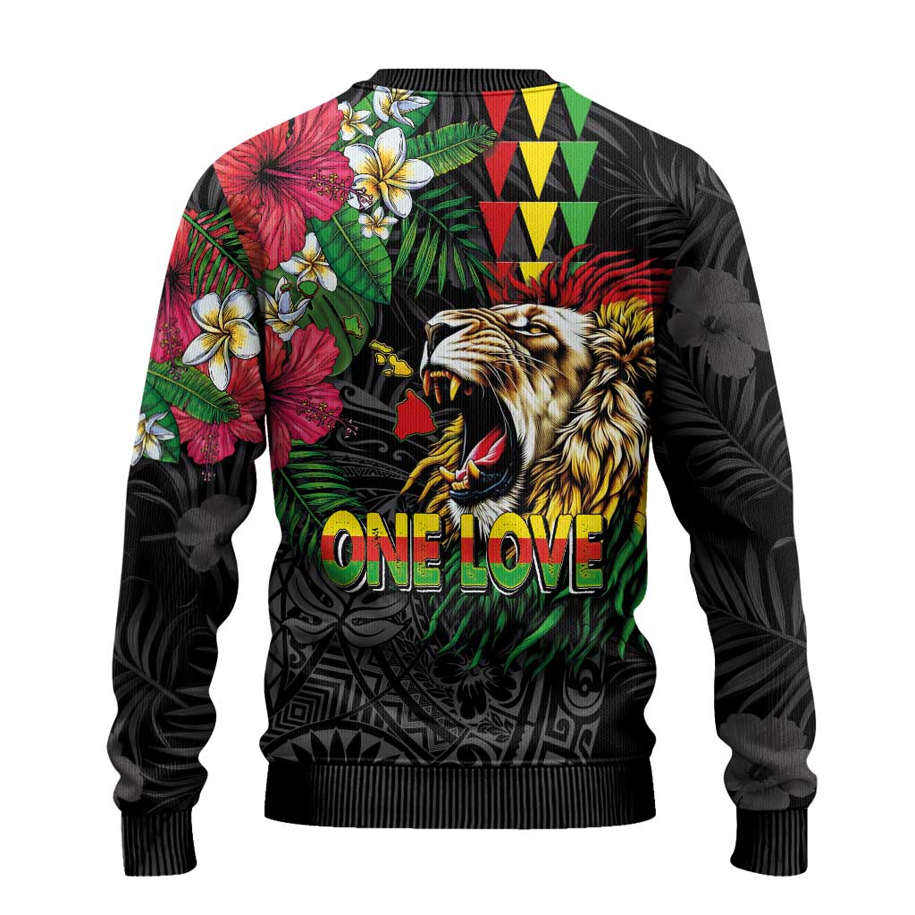 Hawaiian One Love Ugly Christmas Sweater Reggae Lion Tropical Plants and Kakau with Tribal Pattern