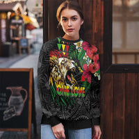 Hawaiian One Love Ugly Christmas Sweater Reggae Lion Tropical Plants and Kakau with Tribal Pattern