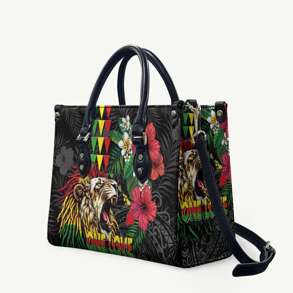 Hawaiian One Love Leather Bag Reggae Lion Tropical Plants and Kakau with Tribal Pattern LT03 Black - Polynesian Pride