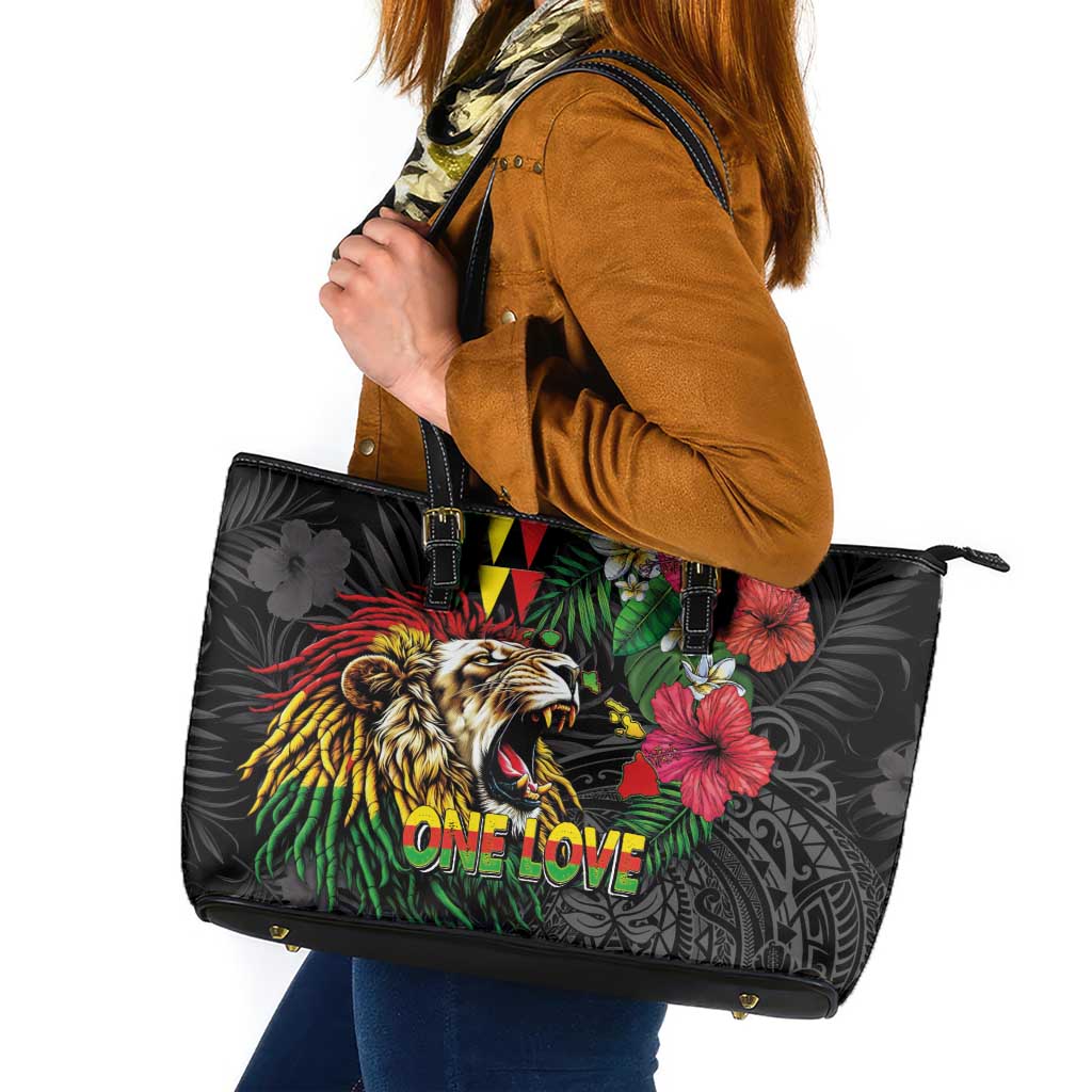 Hawaiian One Love Leather Tote Bag Reggae Lion Tropical Plants and Kakau with Tribal Pattern