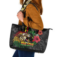 Hawaiian One Love Leather Tote Bag Reggae Lion Tropical Plants and Kakau with Tribal Pattern