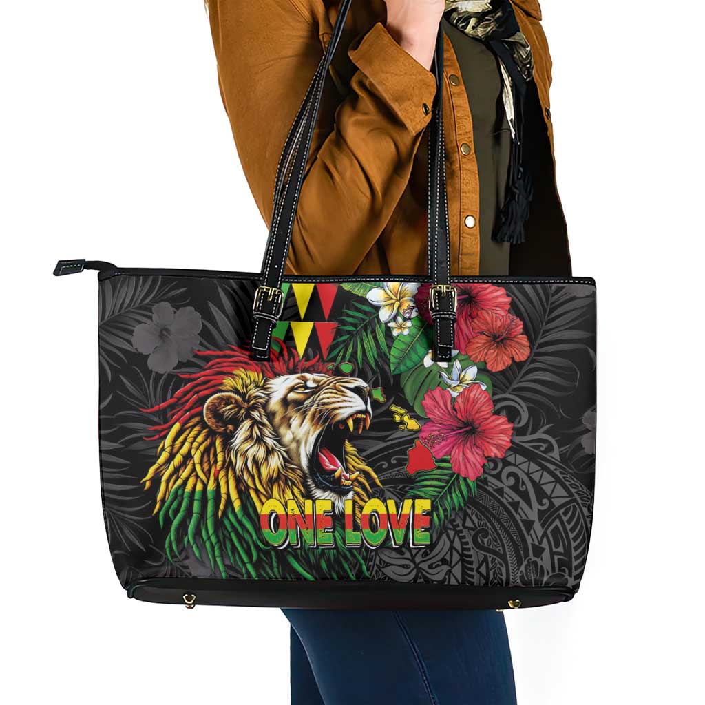 Hawaiian One Love Leather Tote Bag Reggae Lion Tropical Plants and Kakau with Tribal Pattern