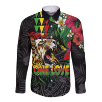 Hawaiian One Love Long Sleeve Button Shirt Reggae Lion Tropical Plants and Kakau with Tribal Pattern