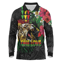 Hawaiian One Love Long Sleeve Polo Shirt Reggae Lion Tropical Plants and Kakau with Tribal Pattern LT03 Black - Polynesian Pride