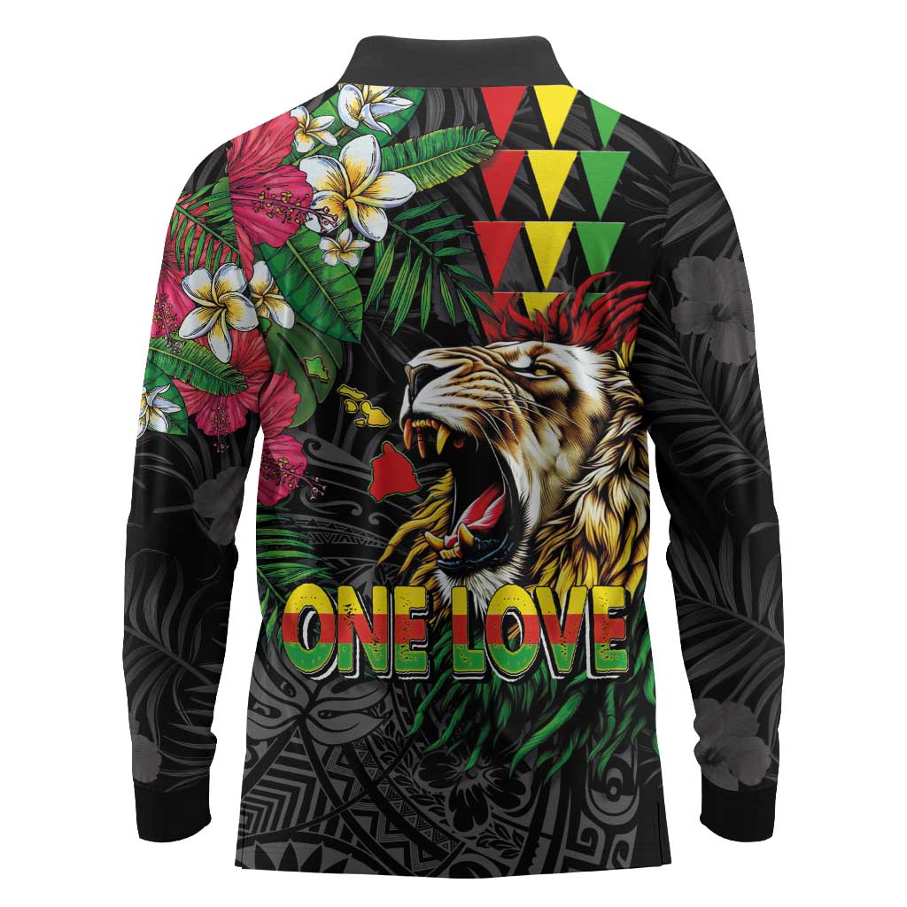 Hawaiian One Love Long Sleeve Polo Shirt Reggae Lion Tropical Plants and Kakau with Tribal Pattern LT03 - Polynesian Pride