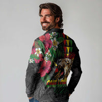 Hawaiian One Love Long Sleeve Polo Shirt Reggae Lion Tropical Plants and Kakau with Tribal Pattern LT03 - Polynesian Pride