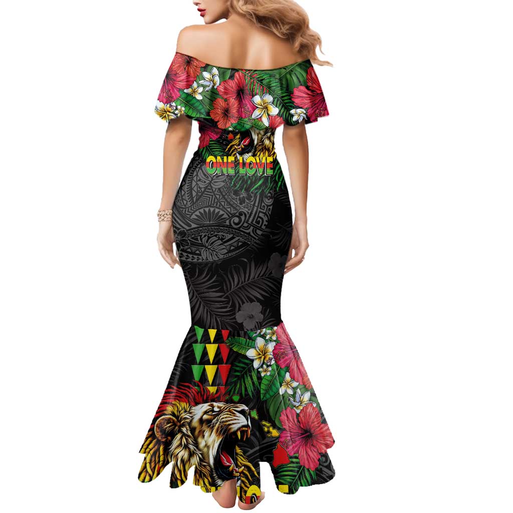Hawaiian One Love Mermaid Dress Reggae Lion Tropical Plants and Kakau with Tribal Pattern LT03 - Polynesian Pride