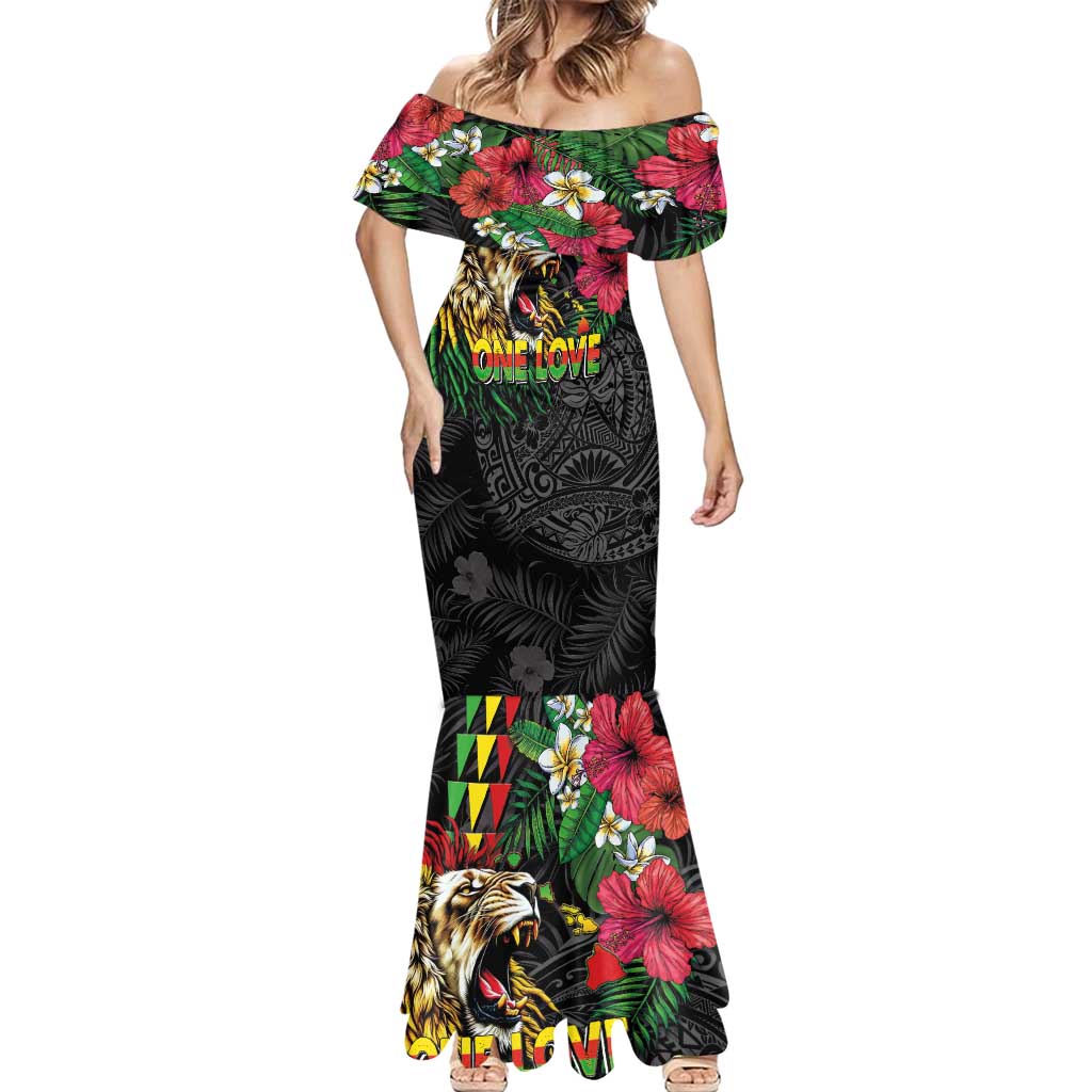 Hawaiian One Love Mermaid Dress Reggae Lion Tropical Plants and Kakau with Tribal Pattern LT03 - Polynesian Pride