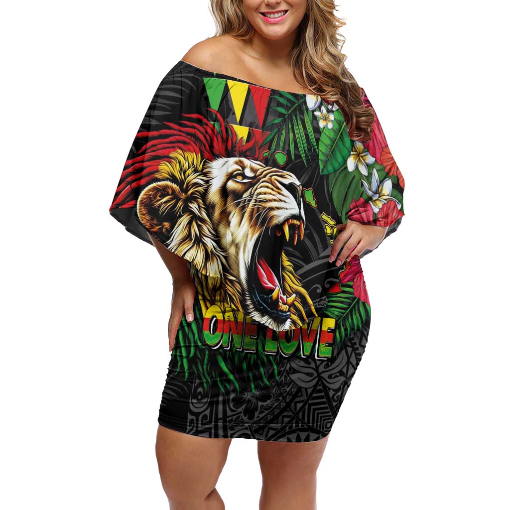 Hawaiian One Love Off Shoulder Short Dress Reggae Lion Tropical Plants and Kakau with Tribal Pattern LT03 Women Black - Polynesian Pride
