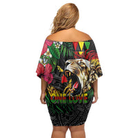 Hawaiian One Love Off Shoulder Short Dress Reggae Lion Tropical Plants and Kakau with Tribal Pattern LT03 - Polynesian Pride
