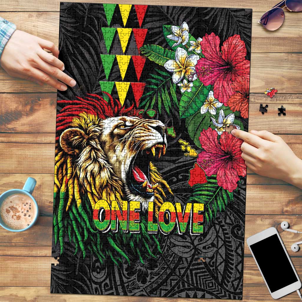 Hawaiian One Love Puzzle Reggae Lion Tropical Plants and Kakau with Tribal Pattern LT03 Black - Polynesian Pride
