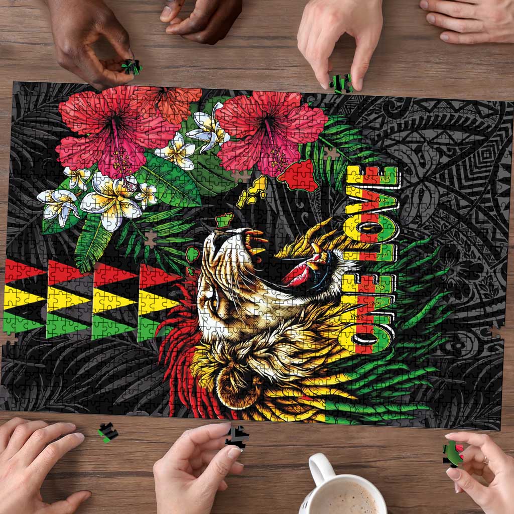 Hawaiian One Love Puzzle Reggae Lion Tropical Plants and Kakau with Tribal Pattern LT03 - Polynesian Pride