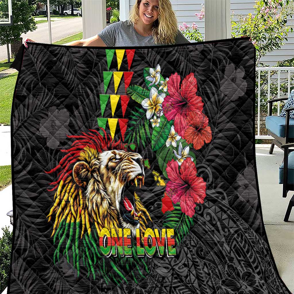 Hawaiian One Love Quilt Reggae Lion Tropical Plants and Kakau with Tribal Pattern LT03 Black - Polynesian Pride