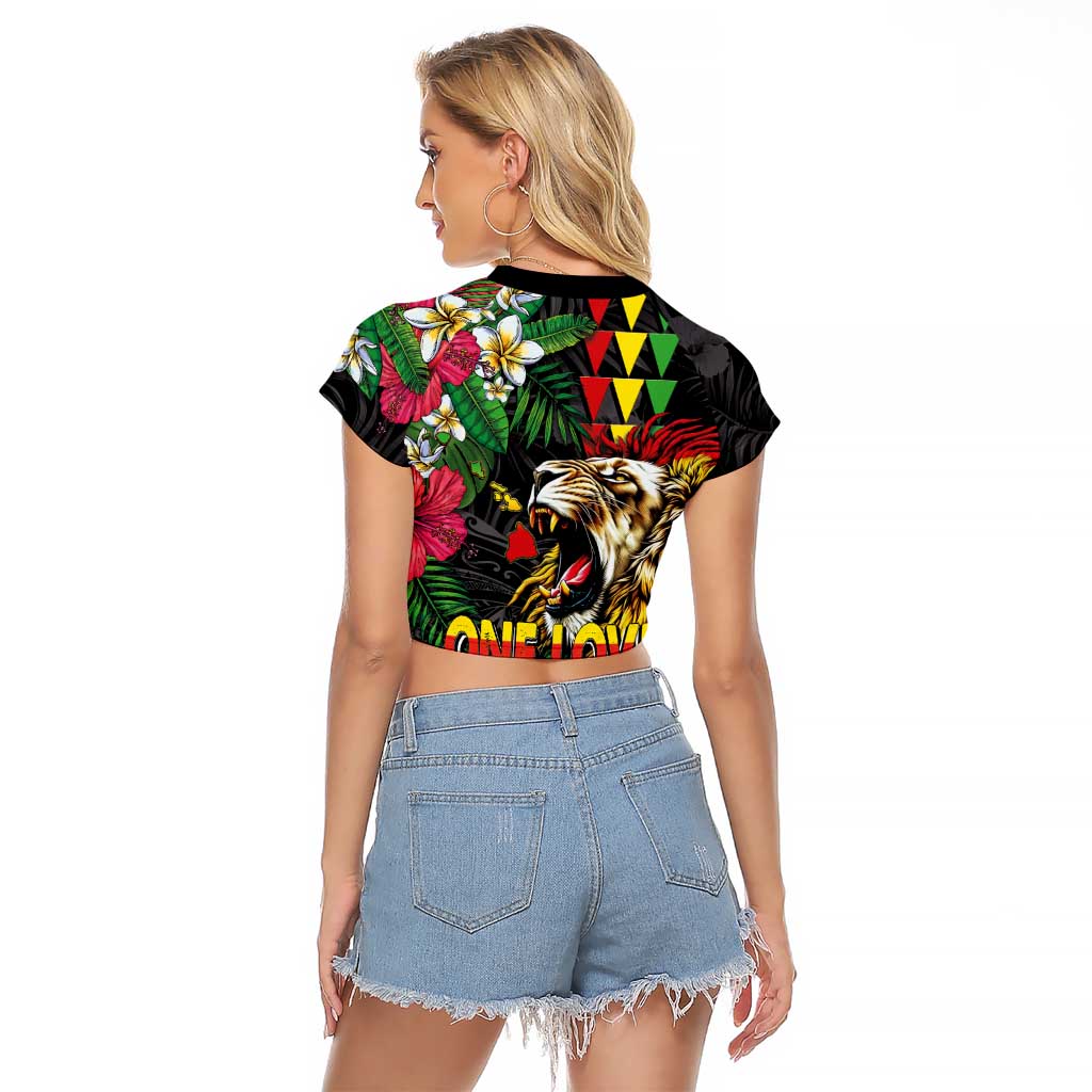 Hawaiian One Love Raglan Cropped T Shirt Reggae Lion Tropical Plants and Kakau with Tribal Pattern LT03 - Polynesian Pride