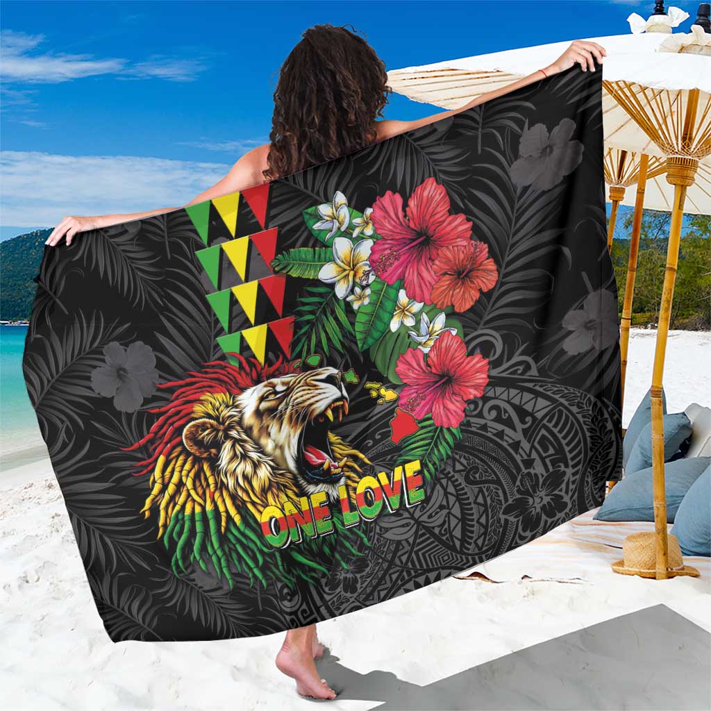 Hawaiian One Love Sarong Reggae Lion Tropical Plants and Kakau with Tribal Pattern LT03 One Size 44 x 66 inches Black - Polynesian Pride