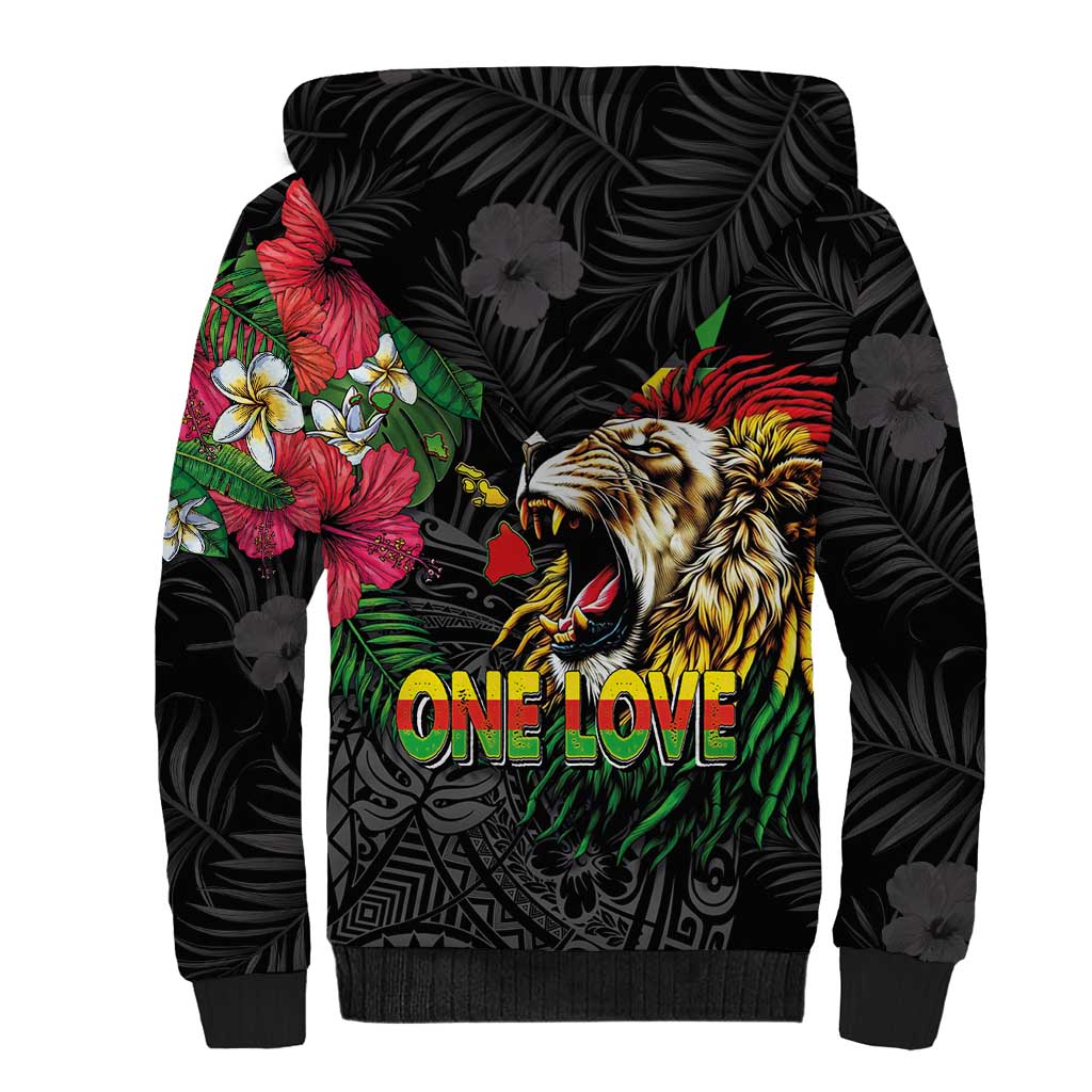 Hawaiian One Love Sherpa Hoodie Reggae Lion Tropical Plants and Kakau with Tribal Pattern