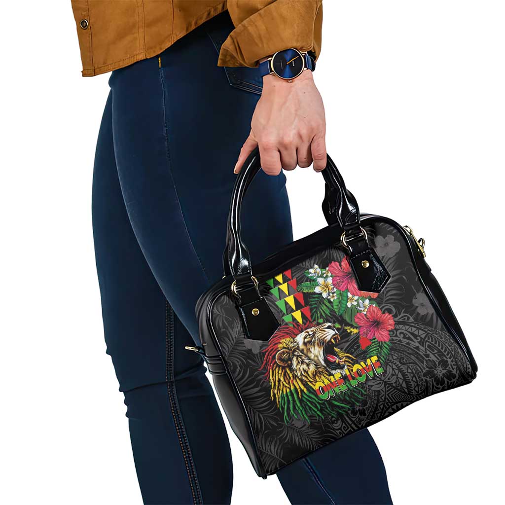 Hawaiian One Love Shoulder Handbag Reggae Lion Tropical Plants and Kakau with Tribal Pattern