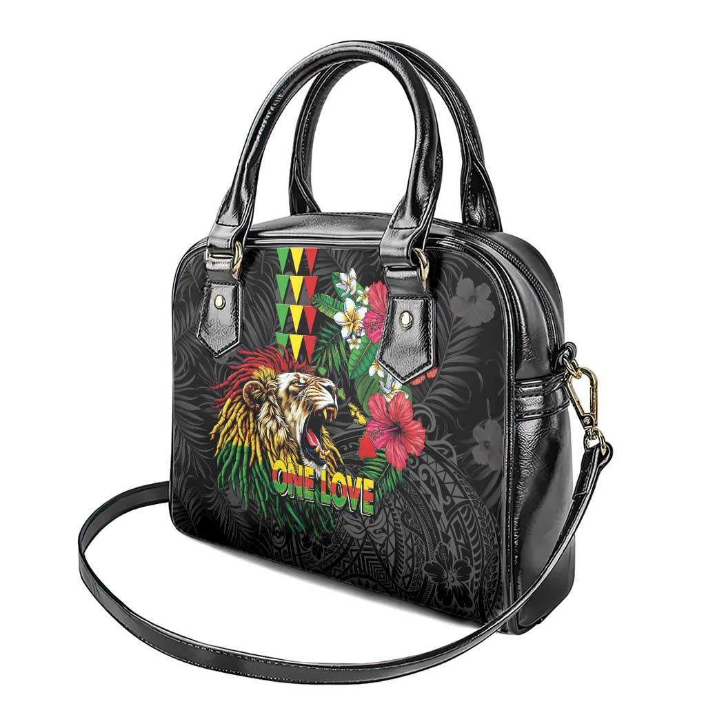 Hawaiian One Love Shoulder Handbag Reggae Lion Tropical Plants and Kakau with Tribal Pattern