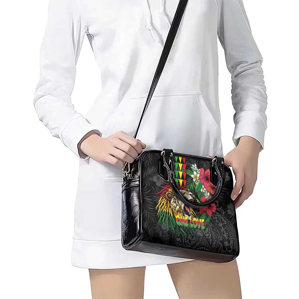 Hawaiian One Love Shoulder Handbag Reggae Lion Tropical Plants and Kakau with Tribal Pattern