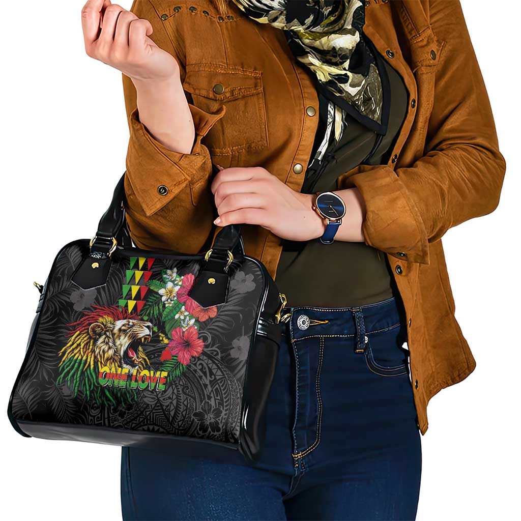 Hawaiian One Love Shoulder Handbag Reggae Lion Tropical Plants and Kakau with Tribal Pattern