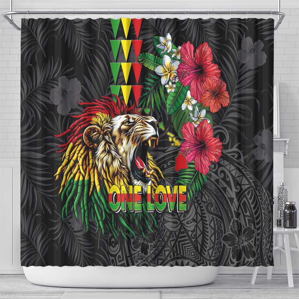 Hawaiian One Love Shower Curtain Reggae Lion Tropical Plants and Kakau with Tribal Pattern