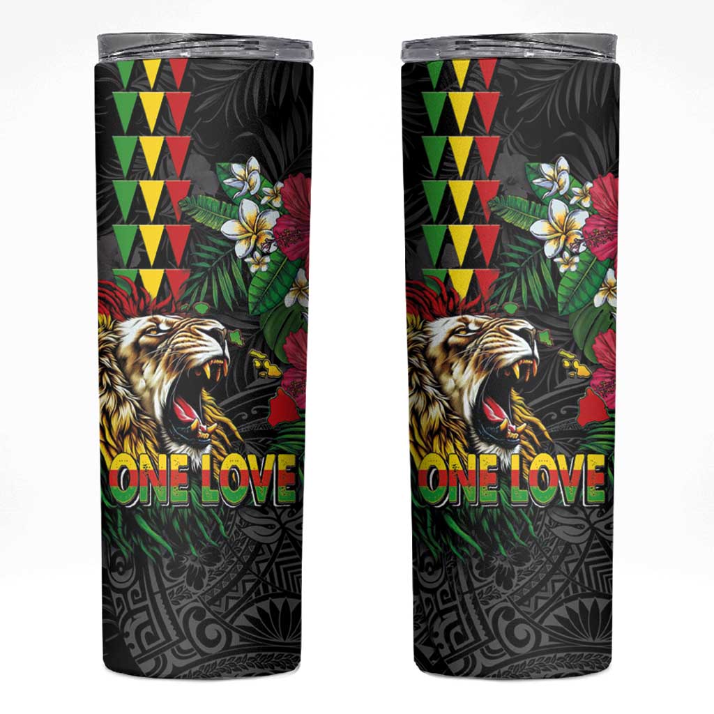 Hawaiian One Love Skinny Tumbler Reggae Lion Tropical Plants and Kakau with Tribal Pattern LT03 Black - Polynesian Pride