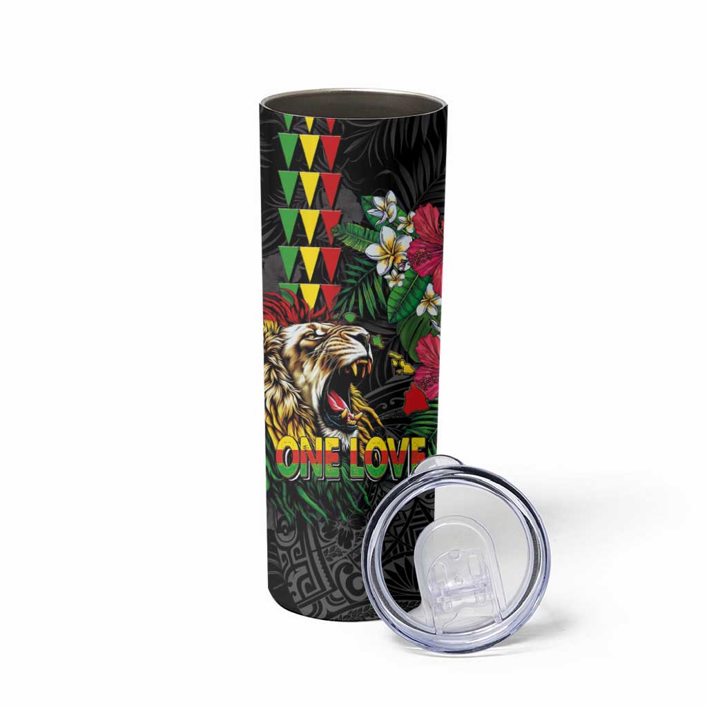 Hawaiian One Love Skinny Tumbler Reggae Lion Tropical Plants and Kakau with Tribal Pattern LT03 - Polynesian Pride