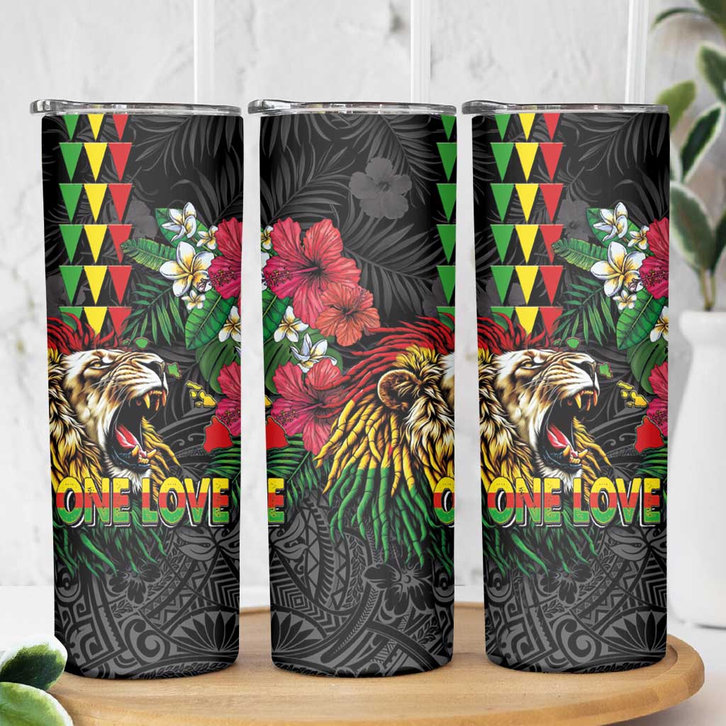Hawaiian One Love Skinny Tumbler Reggae Lion Tropical Plants and Kakau with Tribal Pattern LT03 - Polynesian Pride