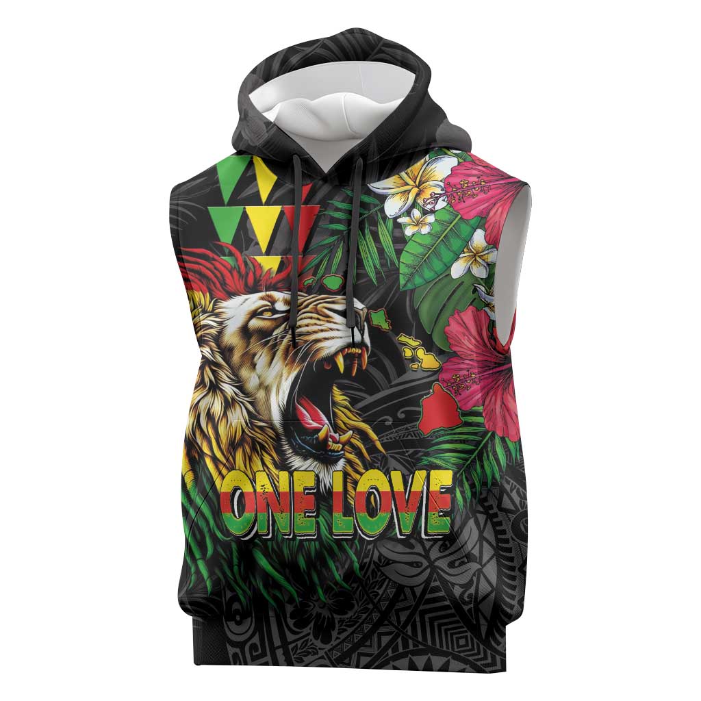 Hawaiian One Love Sleeveless Hoodie Reggae Lion Tropical Plants and Kakau with Tribal Pattern