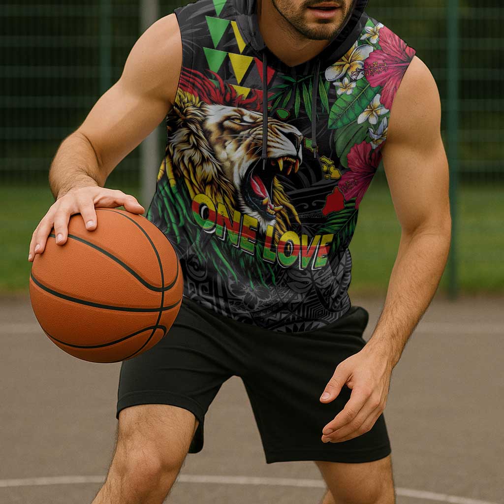 Hawaiian One Love Sleeveless Hoodie Reggae Lion Tropical Plants and Kakau with Tribal Pattern LT03 - Polynesian Pride