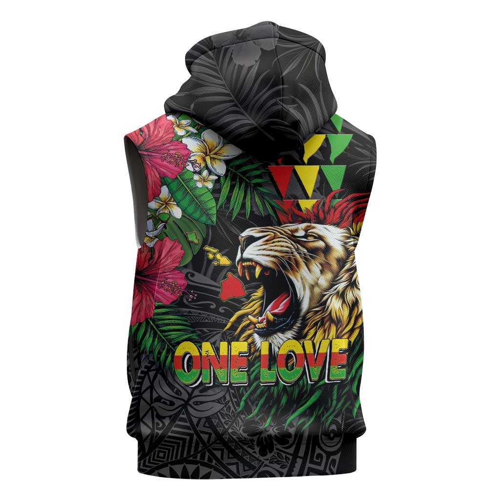 Hawaiian One Love Sleeveless Zip Hoodie Reggae Lion Tropical Plants and Kakau with Tribal Pattern LT03 - Polynesian Pride