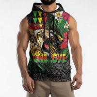 Hawaiian One Love Sleeveless Zip Hoodie Reggae Lion Tropical Plants and Kakau with Tribal Pattern LT03 - Polynesian Pride
