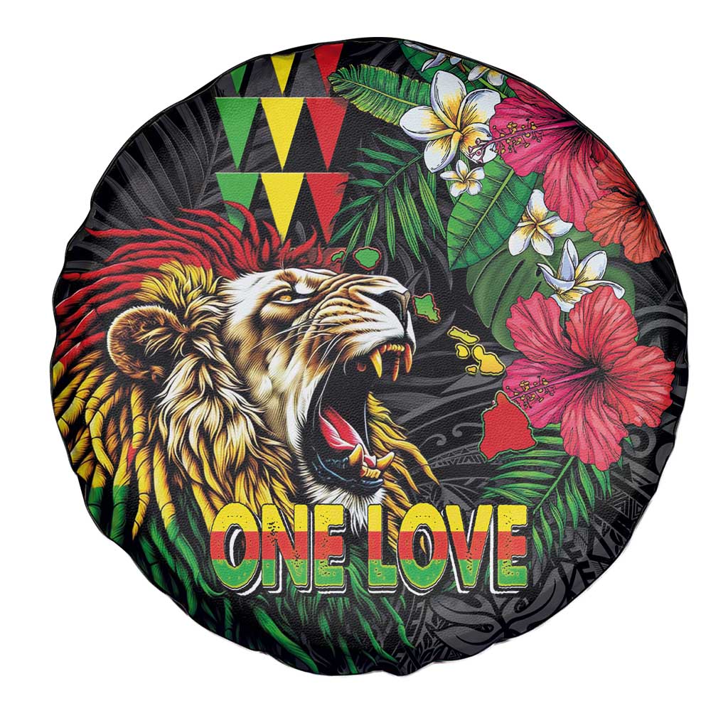 Hawaiian One Love Spare Tire Cover Reggae Lion Tropical Plants and Kakau with Tribal Pattern LT03 - Polynesian Pride