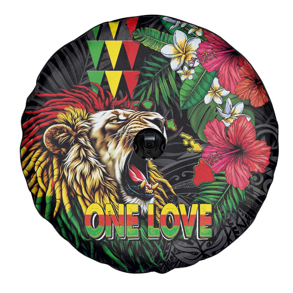Hawaiian One Love Spare Tire Cover Reggae Lion Tropical Plants and Kakau with Tribal Pattern LT03 - Polynesian Pride