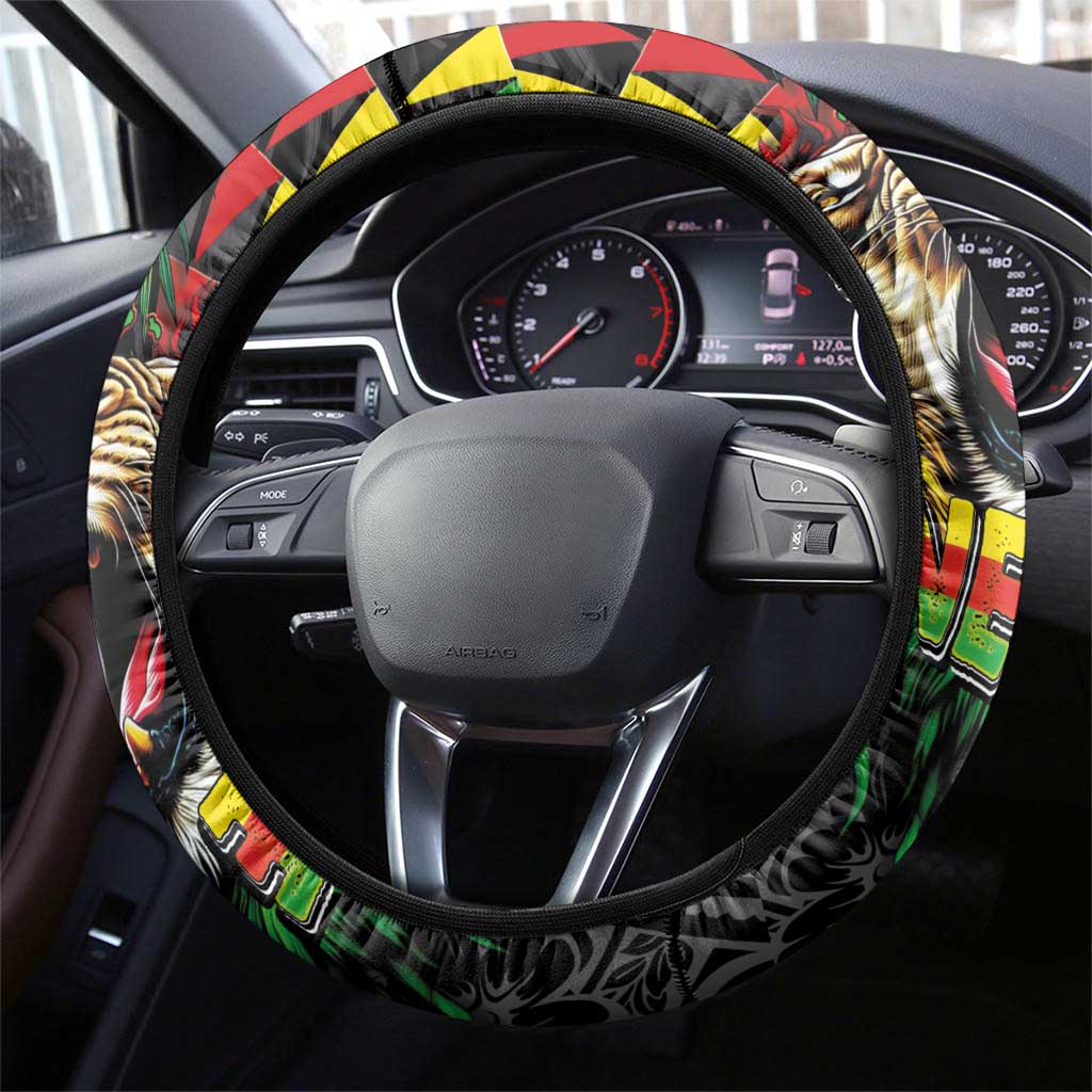 Hawaiian One Love Steering Wheel Cover Reggae Lion Tropical Plants and Kakau with Tribal Pattern