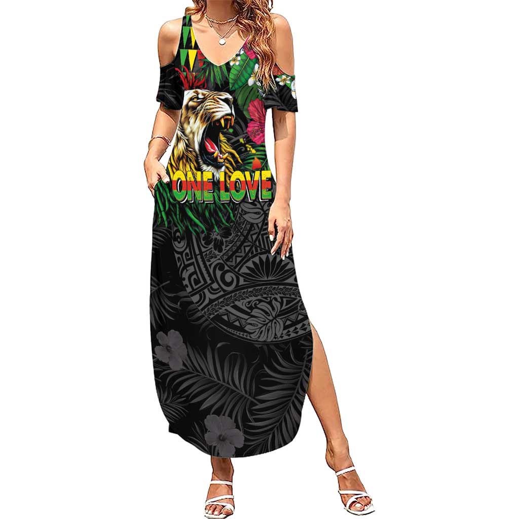 Hawaiian One Love Summer Maxi Dress Reggae Lion Tropical Plants and Kakau with Tribal Pattern LT03 Women Black - Polynesian Pride