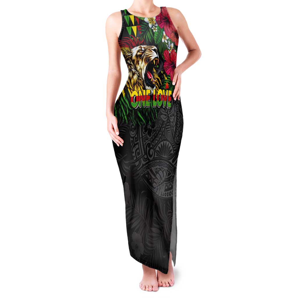 Hawaiian One Love Tank Maxi Dress Reggae Lion Tropical Plants and Kakau with Tribal Pattern LT03 Women Black - Polynesian Pride