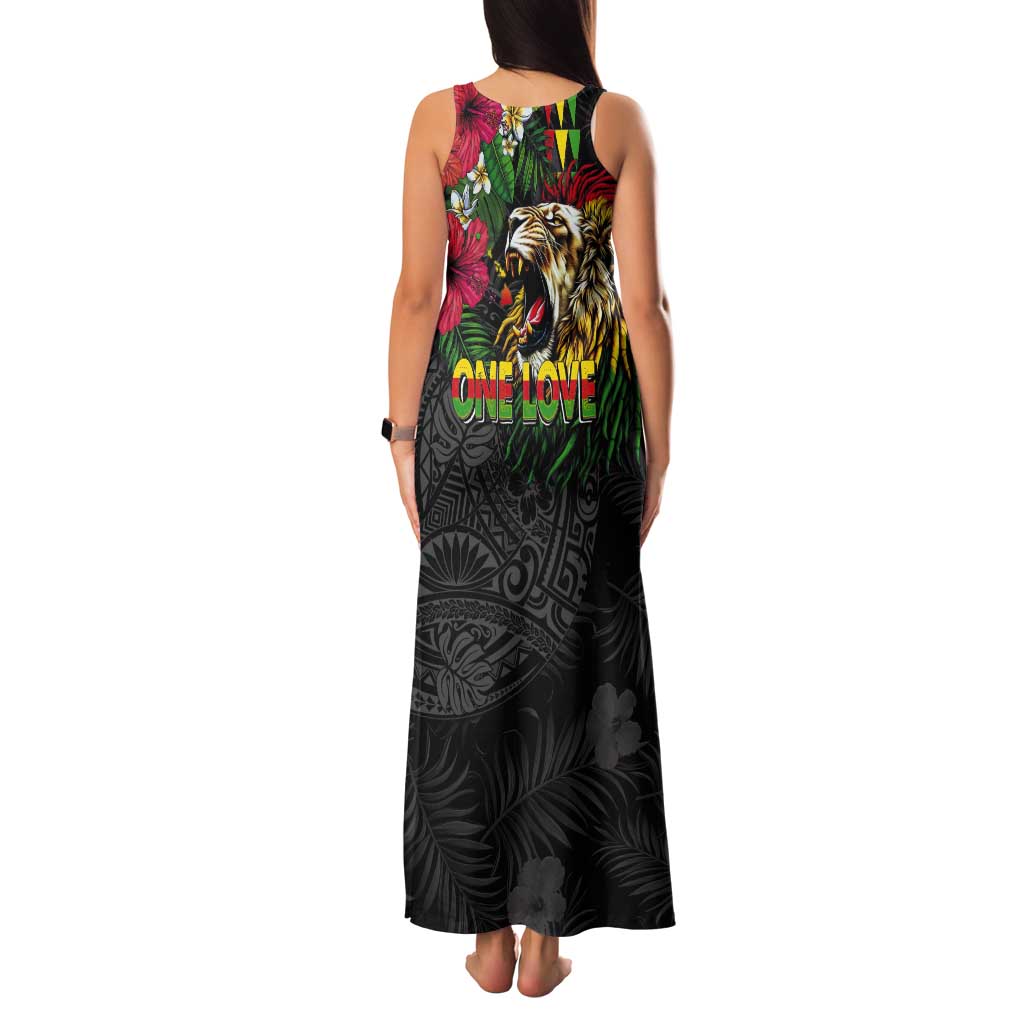Hawaiian One Love Tank Maxi Dress Reggae Lion Tropical Plants and Kakau with Tribal Pattern LT03 - Polynesian Pride