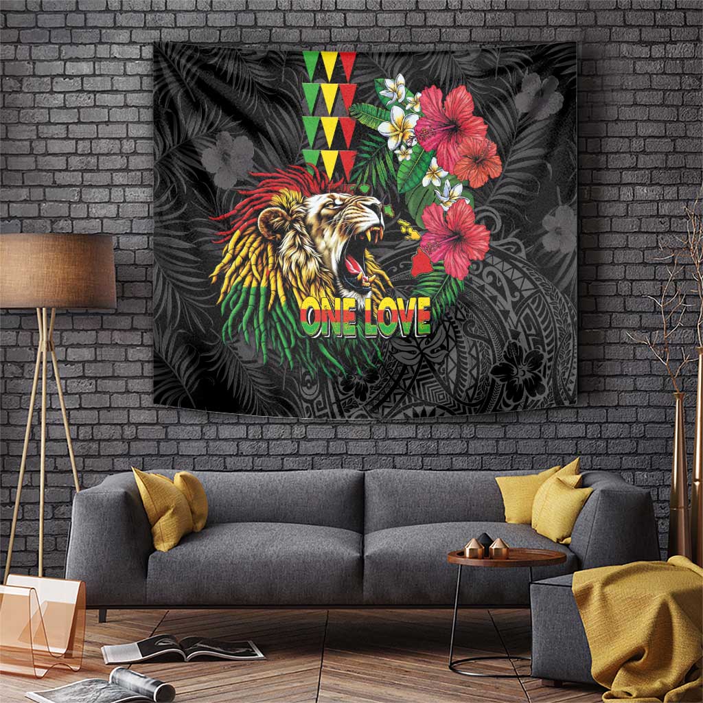Hawaiian One Love Tapestry Reggae Lion Tropical Plants and Kakau with Tribal Pattern