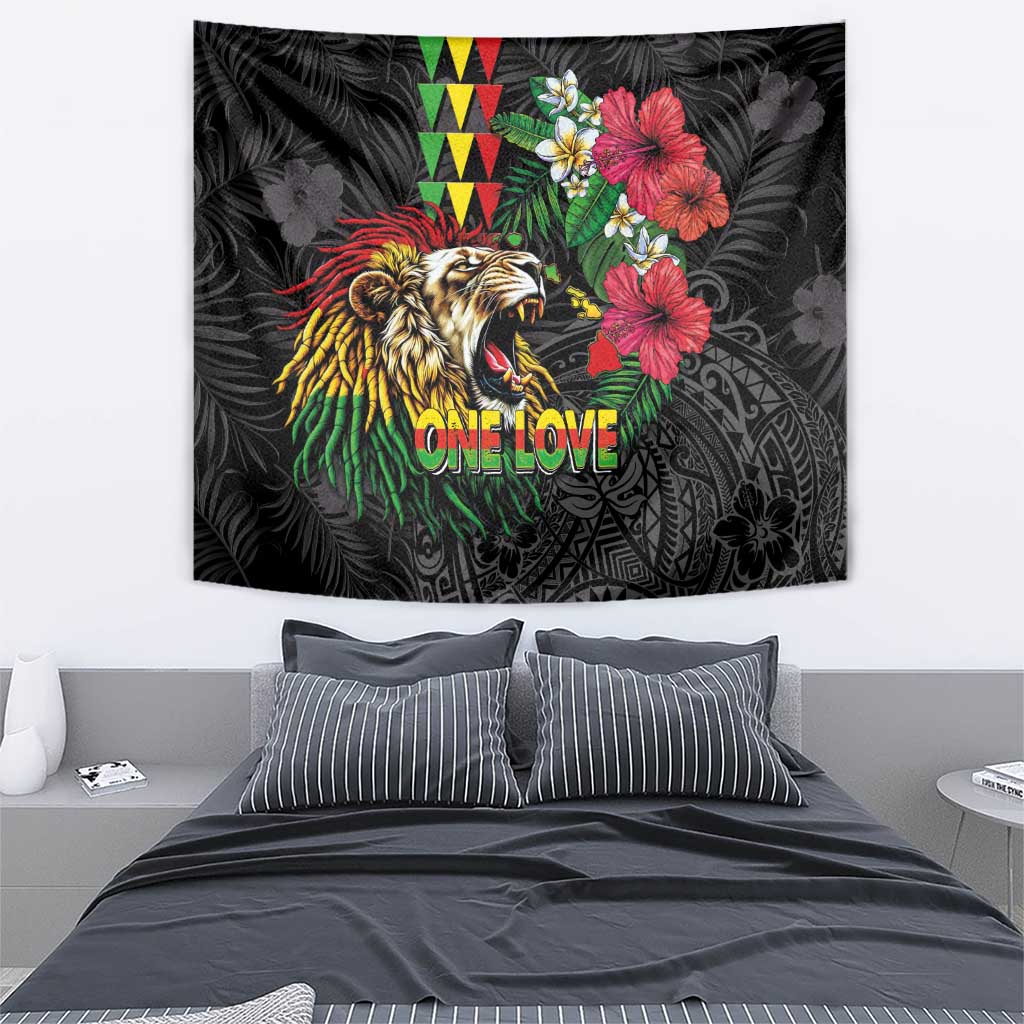 Hawaiian One Love Tapestry Reggae Lion Tropical Plants and Kakau with Tribal Pattern