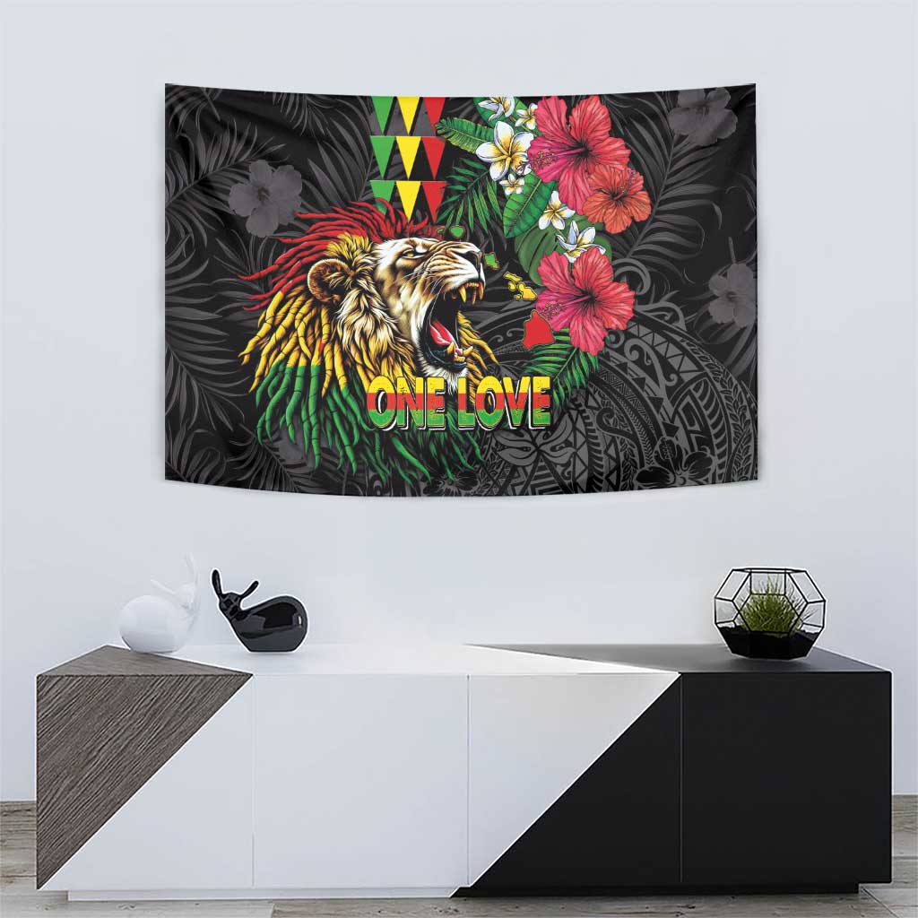 Hawaiian One Love Tapestry Reggae Lion Tropical Plants and Kakau with Tribal Pattern
