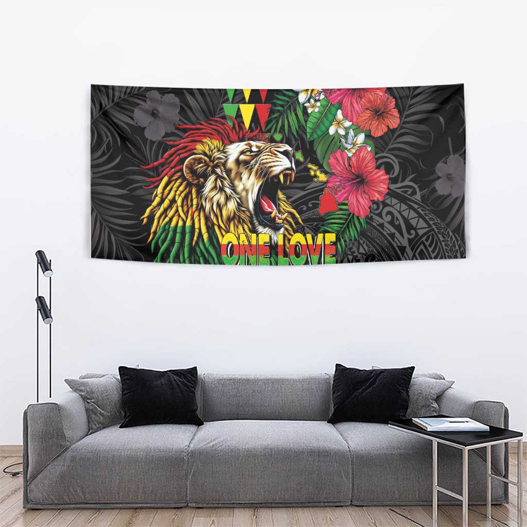 Hawaiian One Love Tapestry Reggae Lion Tropical Plants and Kakau with Tribal Pattern